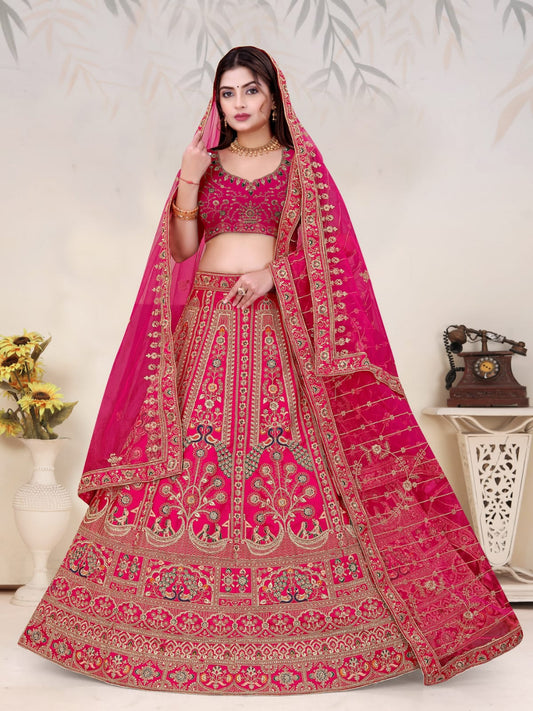 Trending Premium Silk With Zarkan Diamond & Embroidery Work Pink Bridal Lehenga