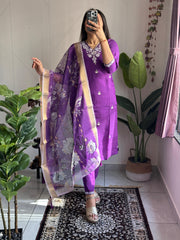 Beautiful Purple Roman Silk Embroidery With Sequence Work Dress
