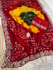 Beautiful Soft Georgette Bandhej Multi Color Printed Saree