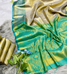 Beautiful Golden Banarsi Handloom Tissue Silk Saree
