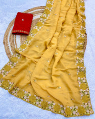 Beautiful Crunchy Chiffon Embroidery Work Saree