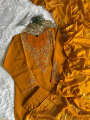 Beautiful Roman Silk Embroidery With Sequence Work Yellow Dress