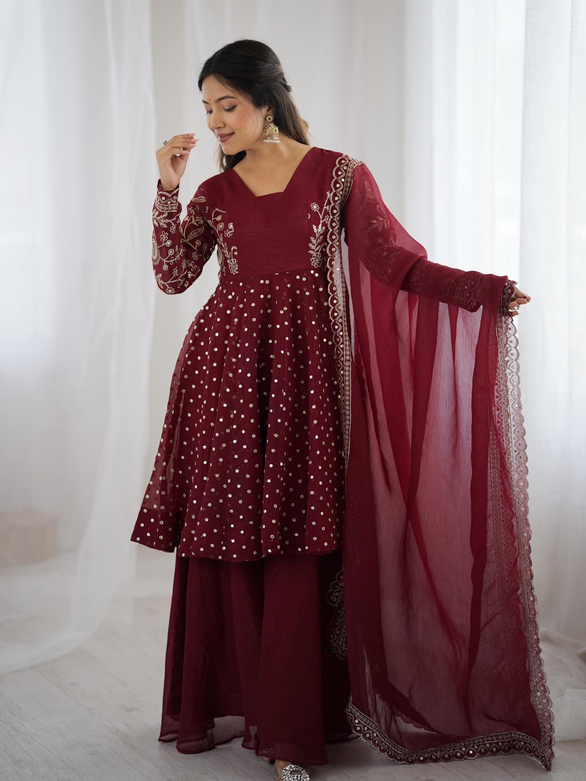 Party-wear Crunchy Silk Embroidery Sequence Work Sharara