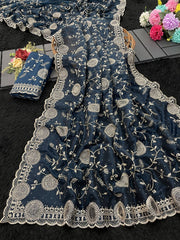 Tissue Silk Multi Thread Embroidery Work Saree