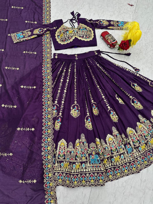 Festive Special Vichitra Silk Embroidery Coding Sequence Work Lehenga With Stitched Blouse