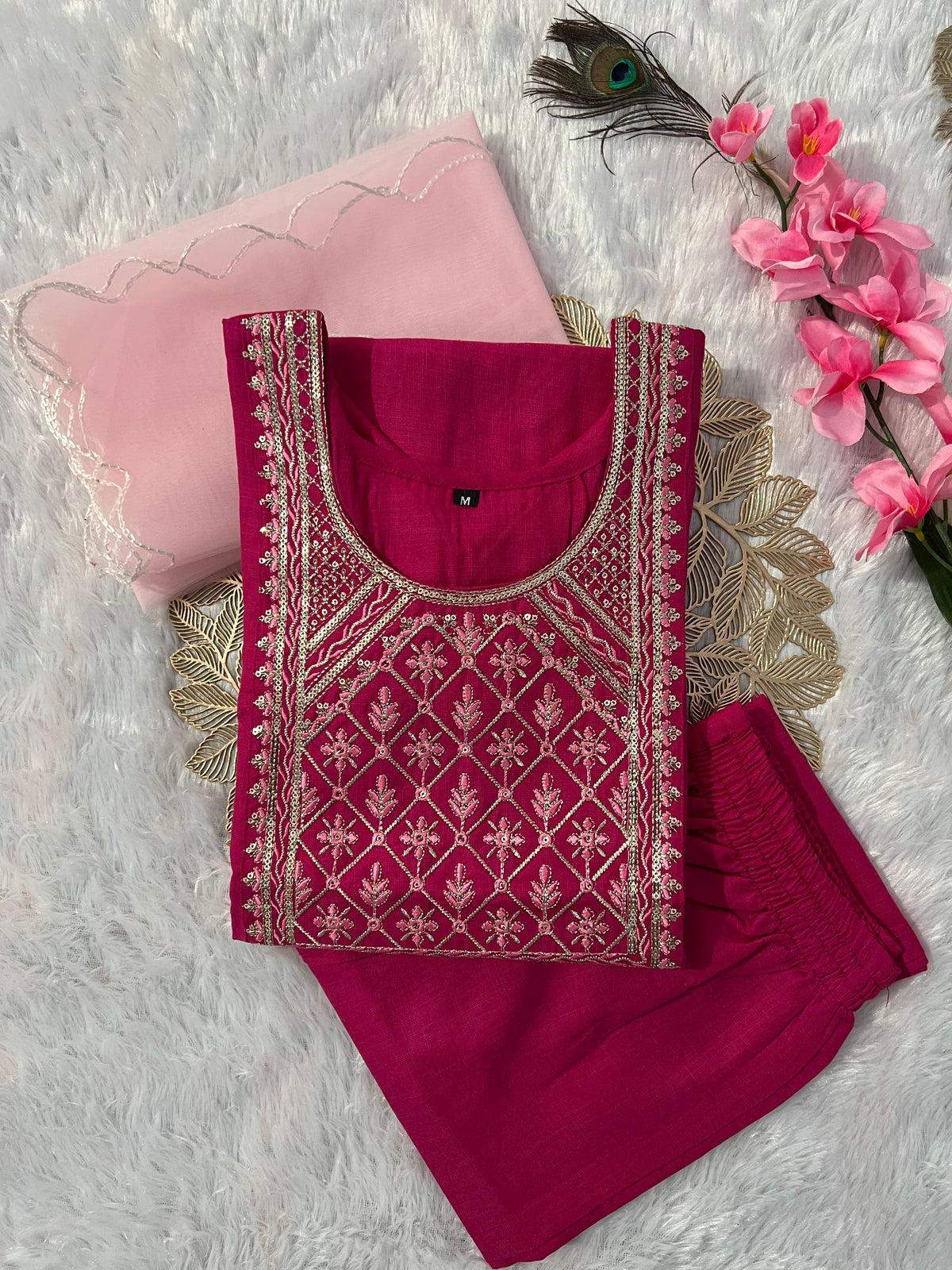 Beautiful Slub Cotton With Embroidery & Sequence Work Dress