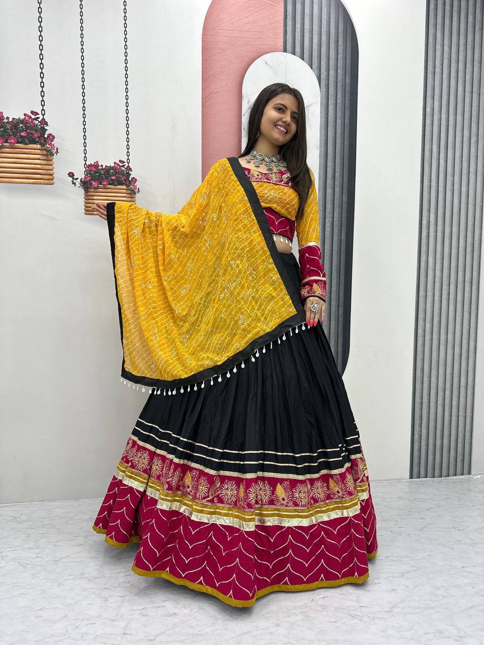 Navratri Special Cotton Embroidery Thread & Sequence Work Lehenga With Stitched Blouse