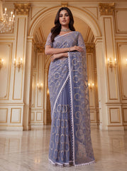 Party-wear Net Beads Sequence & Pearls Embroidery Work Saree