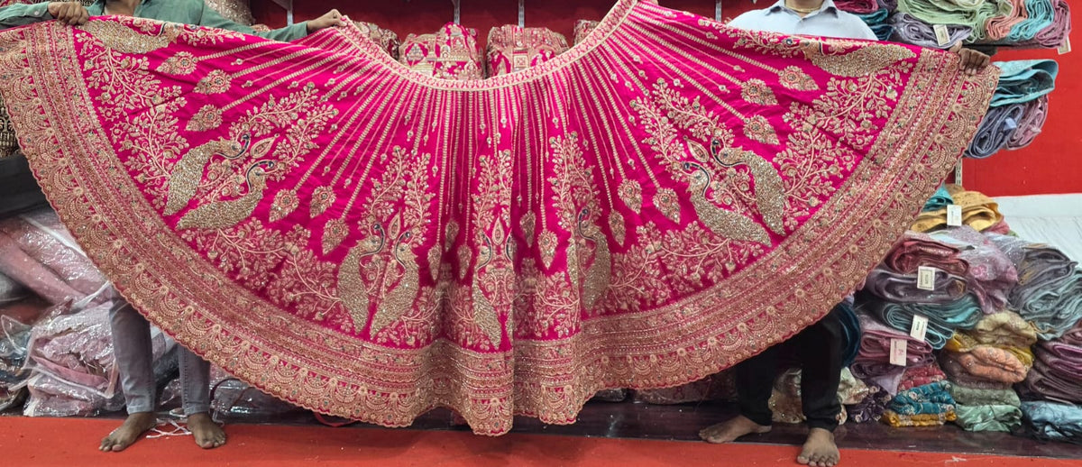 Handwork 10 Meter Big Flair Pure Raw Silk Maroon Cherry Red Rani Hot Pink Latest New Bridal Lehenga