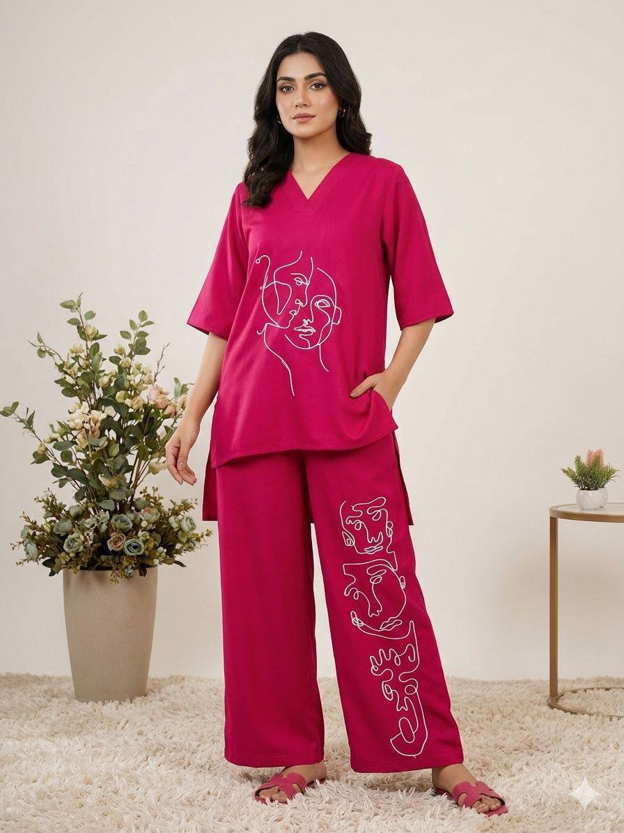 Beautiful Roman Silk Embroidery Work Co-Ord Set