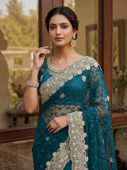 Party-wear Net Embroidery With Pearls Diamond Work Saree