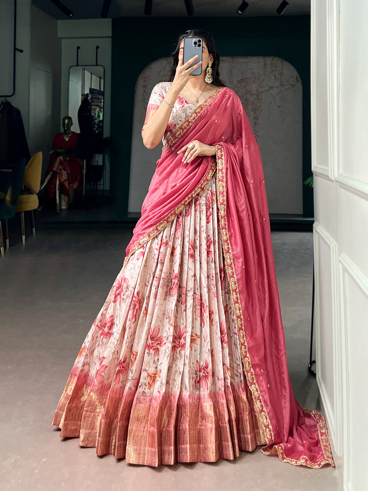 Beautiful Dola Chex Floral Printed With Zari Weaving Work Lehenga Choli