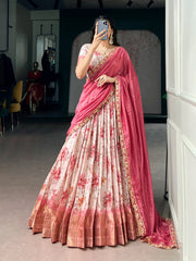 Beautiful Dola Chex Floral Printed With Zari Weaving Work Lehenga Choli
