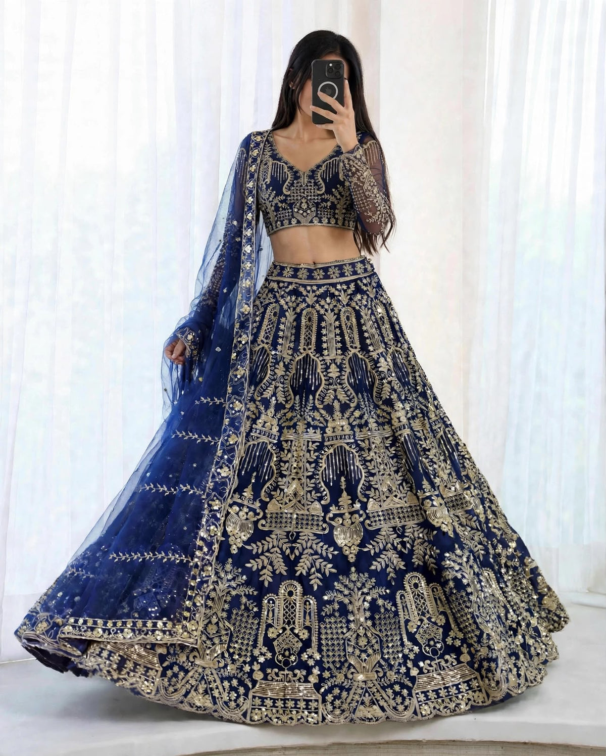 Party-wear Blue Butterfly Net Embroidery Sequence Work Lehenga Choli