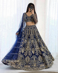 Party-wear Blue Butterfly Net Embroidery Sequence Work Lehenga Choli