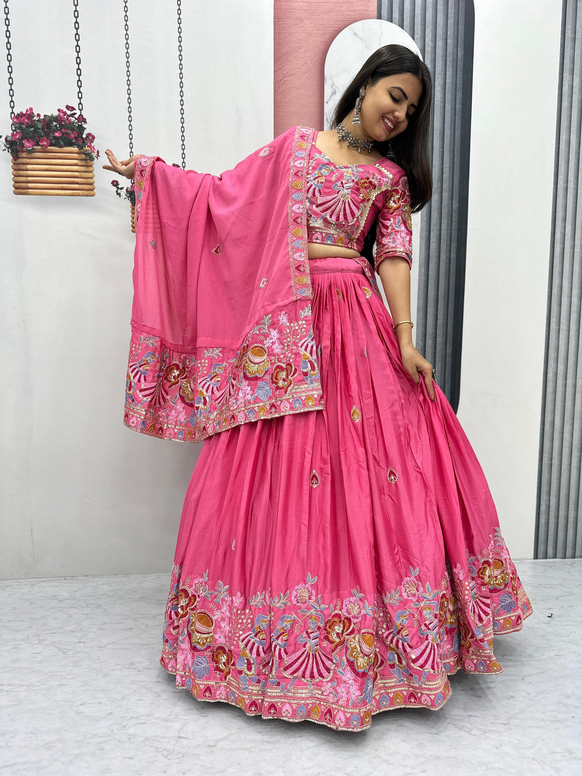 Festival Special Chinon Silk Embroidery Thread & Sequence Stitched Blouse Lehenga Choli