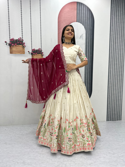 Wedding Wear Tissue Silk Heavy Thread &Sequence Work Lehenga With Stitched Blouse
