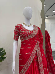Beautiful Designer Red Chinon Silk Party-wear Saree