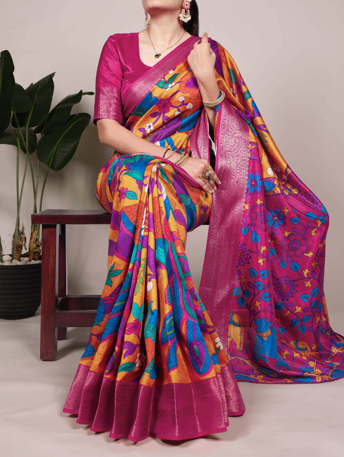 Beautiful Tussar Silk Printed With Zari Weaving Work Saree