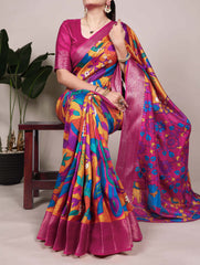 Beautiful Tussar Silk Printed With Zari Weaving Work Saree