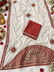 Beautiful Chinon Bandhej Patch Butta With Gotapatti Work Saree