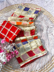 Beautiful Soft Viscose Off White Multicolour Checks & Box Print Golden Zari Weaving Saree