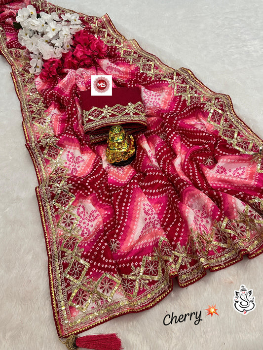 Trending Digital Chinon Silk Bandhej Gottpati Work Saree