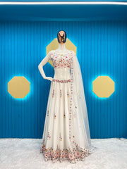 Beautiful Chinon Silk Multi Thread Sequence Embroidery Work Lehenga With Koti