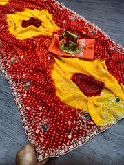Beautiful Pure Georgette With Jodhpur Bandhani Printed Saree