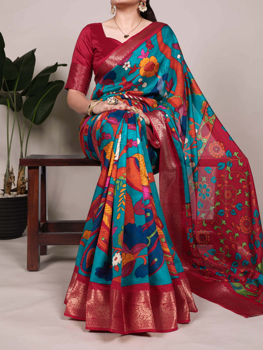 Beautiful Tussar Silk Printed With Zari Weaving Work Saree