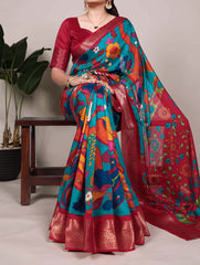 Beautiful Tussar Silk Printed With Zari Weaving Work Saree