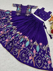 Festival Special Vichitra Silk Embroidery Thread Work Lehenga Choli With Koti