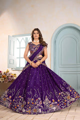 Party-wear Purple Chinon Silk Embroidery Sequence & Thread Work Lehenga