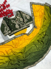 Beautiful  Blooming Chinnon Peding Silk Saree With Stitched Blouse