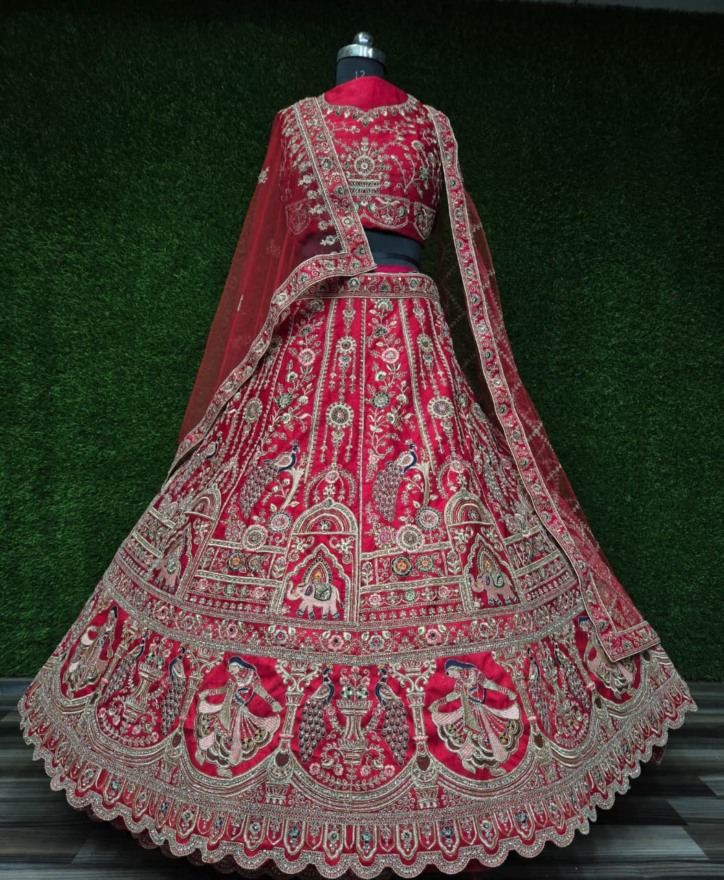 Royal Red Premium Silk Zarkan Diamond Work Bridal Lehenga Choli