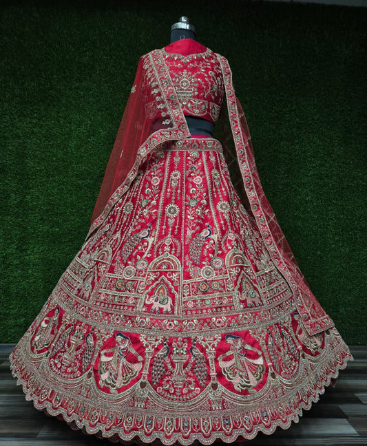 Cherry Red Premium Silk Zarkan Diamond Work Bridal Lehenga Choli