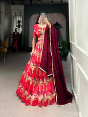 Beautiful Red Tussar Silk Printed Lehenga Choli