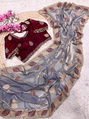 Beautiful Multi Embroidery Sequence Siroski Work Saree