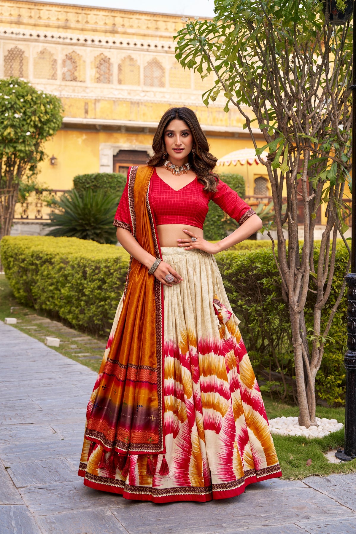 Beautiful Tasar Silk Tie  & Dye Printed Lehenga Choli