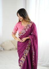 Designer Cutwork Embroidery Noha Crush Saree With Mono Silk Blouse