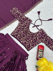 Beautiful Chinon Embroidery Thread Work Lehenga With Stitched Blouse