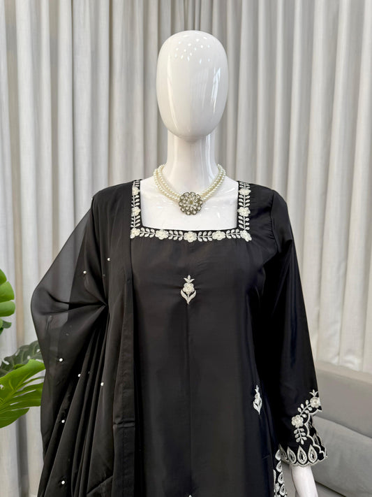 Designer Black Thread & Sequence Embroidered Crepe Palazzo Set