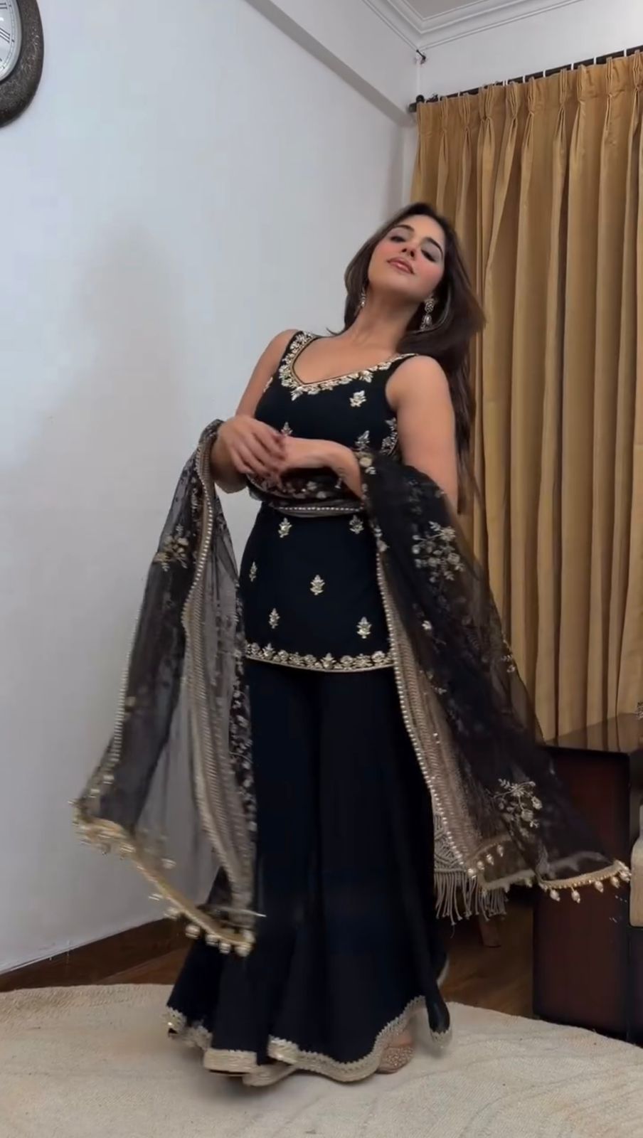 Festive Ready Black Palazzo Set With Fancy Lace & Embroidery Work