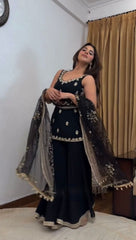 Festive Ready Black Palazzo Set With Fancy Lace & Embroidery Work