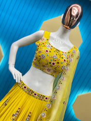 Beautiful Chinon Silk Multi Thread Sequence Embroidery Work Lehenga With Koti