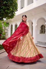 Beautiful Tasar Silk Bandhej Print With Gotta Patti Lace Lehenga Choli