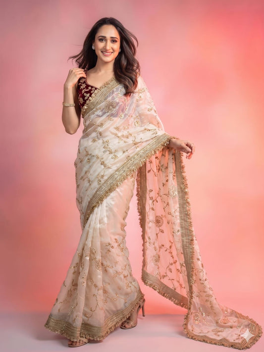 Party-wear Space Satin Beads Sequence Work Saree