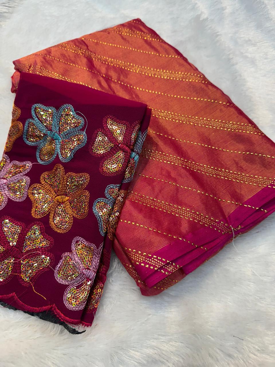 Beautiful Gerogette Braso Silk Designer Golden Foil Work Saree