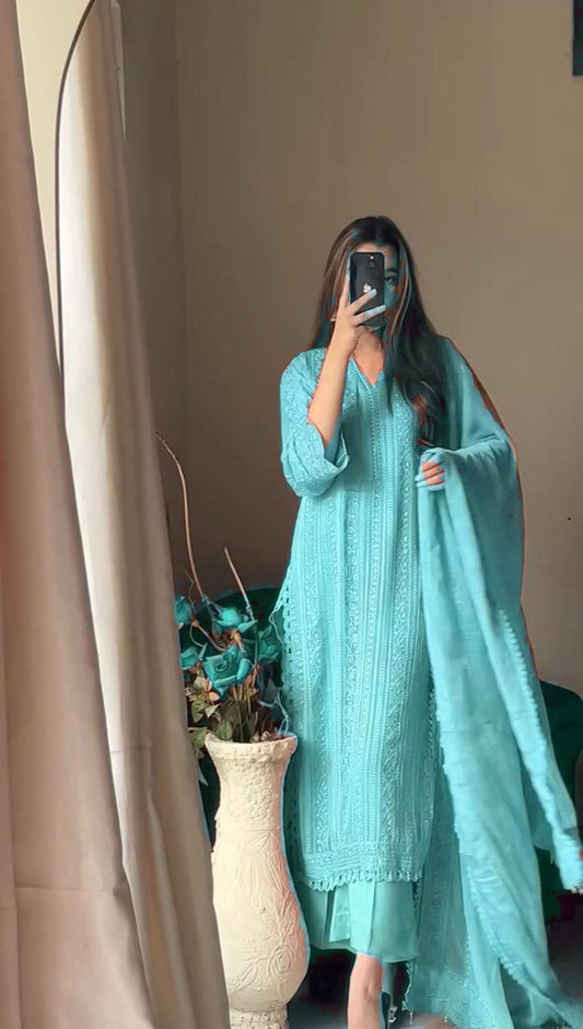 Beautiful Trending Chinon Silk Cotton Thread Embroidery Work Dress