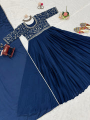 Attretive Chinon Silk Real Mirror Work Gown